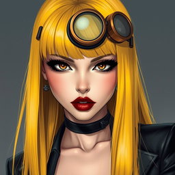 A stunning digital art piece inspired by manhwa style, featuring a beautiful woman with long, bright yellow hair that is straight and has a fashionable fringe