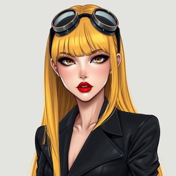 A stunning digital art piece inspired by manhwa style, featuring a beautiful woman with long, bright yellow hair that is straight and has a fashionable fringe