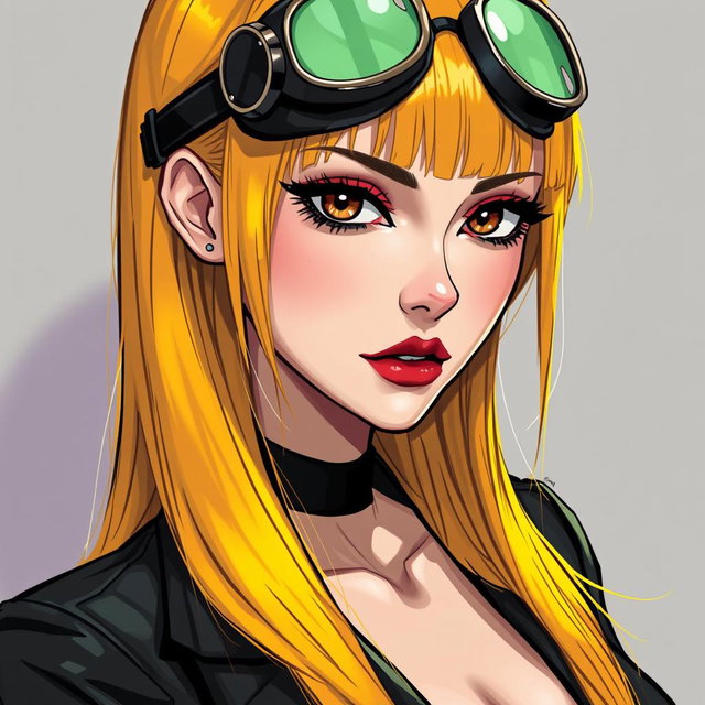 A stunning digital art piece inspired by manhwa style, featuring a beautiful woman with long, bright yellow hair that is straight and has a fashionable fringe