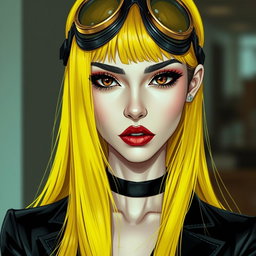 A stunning digital art piece inspired by manhwa style, featuring a beautiful woman with long, bright yellow hair that is straight and has a fashionable fringe