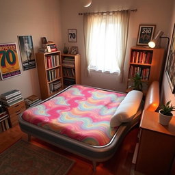 A cozy, retro-style bedroom featuring a unique, vintage waterbed with colorful, wavy patterns on the mattress