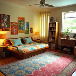 A cozy, retro-style bedroom featuring a unique, vintage waterbed with colorful, wavy patterns on the mattress