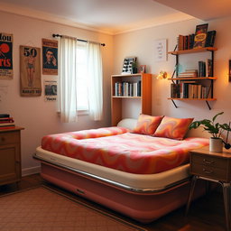 A cozy, retro-style bedroom featuring a unique, vintage waterbed with colorful, wavy patterns on the mattress