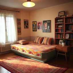 A cozy, retro-style bedroom featuring a unique, vintage waterbed with colorful, wavy patterns on the mattress