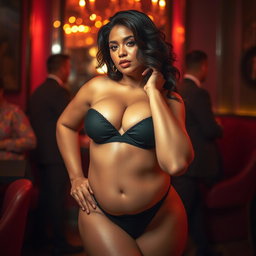 A captivating scene of a voluptuous woman exuding confidence and allure, wearing minimal clothing that accentuates her curves and beauty