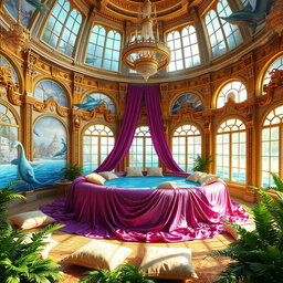 A grand and whimsical palace interior themed around a waterbed concept, featuring a luxurious and expansive waterbed draped in shimmering, vibrant fabrics