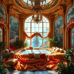 A grand and whimsical palace interior themed around a waterbed concept, featuring a luxurious and expansive waterbed draped in shimmering, vibrant fabrics