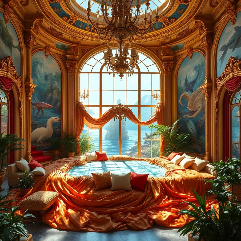 A grand and whimsical palace interior themed around a waterbed concept, featuring a luxurious and expansive waterbed draped in shimmering, vibrant fabrics