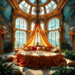 A grand and whimsical palace interior themed around a waterbed concept, featuring a luxurious and expansive waterbed draped in shimmering, vibrant fabrics