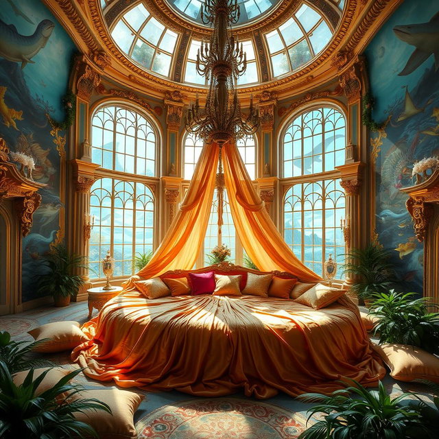 A grand and whimsical palace interior themed around a waterbed concept, featuring a luxurious and expansive waterbed draped in shimmering, vibrant fabrics