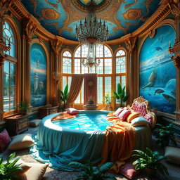 A grand and whimsical palace interior themed around a waterbed concept, featuring a luxurious and expansive waterbed draped in shimmering, vibrant fabrics