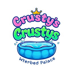 A vibrant and eye-catching logo design for 'Crustys Waterbed Palace'