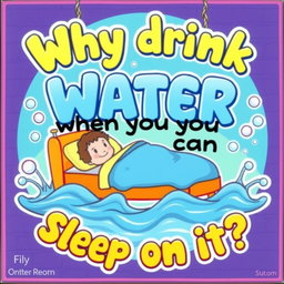 A fun and whimsical sign design featuring the phrase "Why drink water when you can sleep on it?" in bold, playful lettering