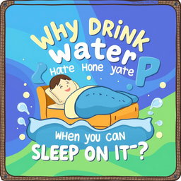 A fun and whimsical sign design featuring the phrase "Why drink water when you can sleep on it?" in bold, playful lettering