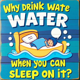 A fun and whimsical sign design featuring the phrase "Why drink water when you can sleep on it?" in bold, playful lettering