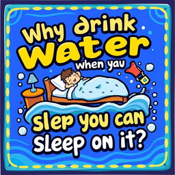 A fun and whimsical sign design featuring the phrase "Why drink water when you can sleep on it?" in bold, playful lettering