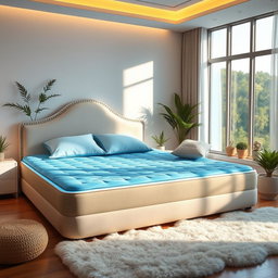 A serene and inviting scene showcasing a luxurious water bed in a beautifully decorated bedroom