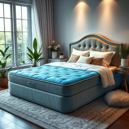 A serene and inviting scene showcasing a luxurious water bed in a beautifully decorated bedroom