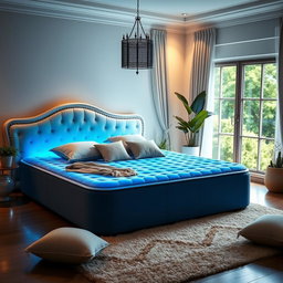 A serene and inviting scene showcasing a luxurious water bed in a beautifully decorated bedroom