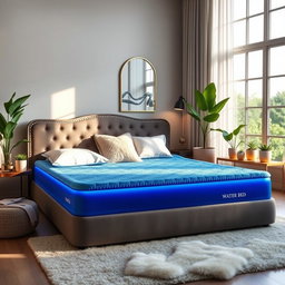 A serene and inviting scene showcasing a luxurious water bed in a beautifully decorated bedroom