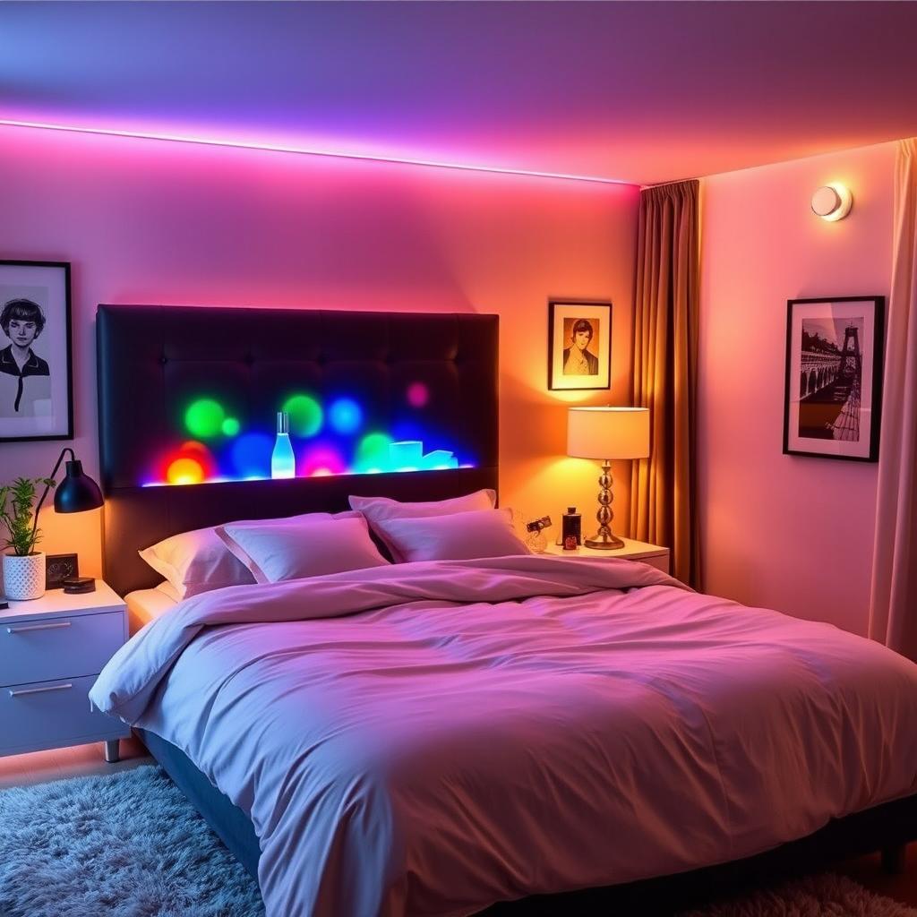 A cozy and inviting bedroom featuring a stylish bed with a modern headboard integrated with colorful lava lamps