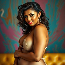 A stunning and voluptuous woman exuding confidence and allure, wearing minimal clothing that beautifully highlights her curves