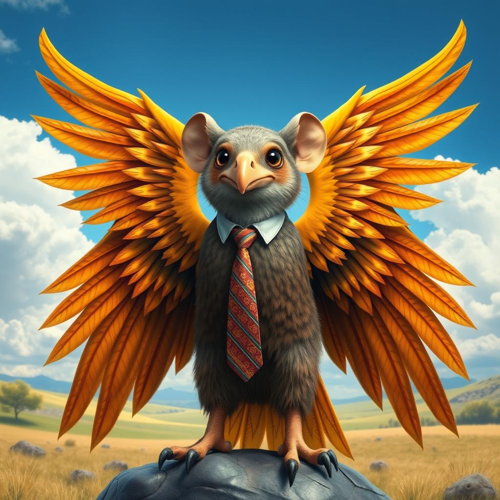 A whimsical Garuda eagle with the body and majestic wings of the eagle, but instead, the head is replaced by a cute mouse's head
