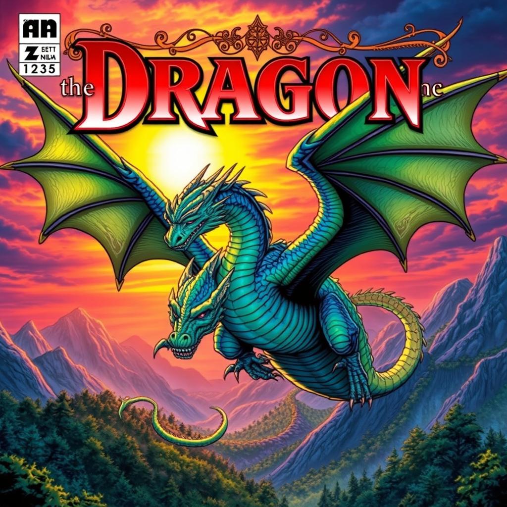 A captivating comic book cover featuring a majestic dragon soaring through a vibrant, fantastical landscape