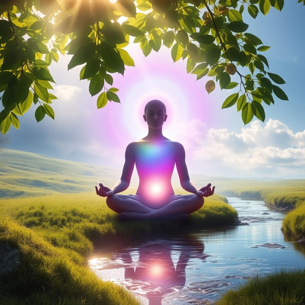 A beautiful, ethereal scene featuring a vibrant aura surrounding a serene figure