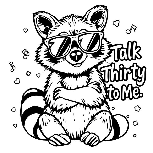 A black and white coloring page featuring a stylish raccoon wearing oversized sunglasses, playfully posing next to the text "Talk Thirty to Me" in a fun, bold font