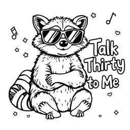 A black and white coloring page featuring a stylish raccoon wearing oversized sunglasses, playfully posing next to the text "Talk Thirty to Me" in a fun, bold font