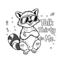 A black and white coloring page featuring a stylish raccoon wearing oversized sunglasses, playfully posing next to the text "Talk Thirty to Me" in a fun, bold font