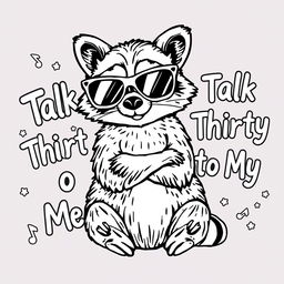 A black and white coloring page featuring a stylish raccoon wearing oversized sunglasses, playfully posing next to the text "Talk Thirty to Me" in a fun, bold font