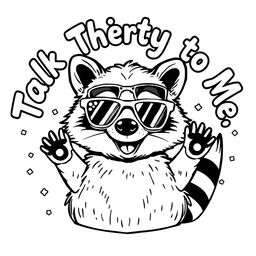 A black and white coloring page featuring a charismatic raccoon wearing stylish sunglasses