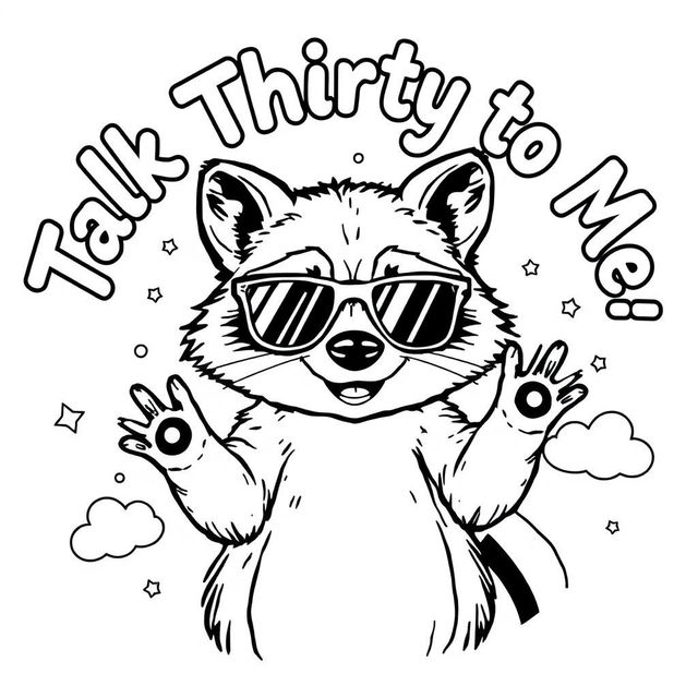 A black and white coloring page featuring a charismatic raccoon wearing stylish sunglasses