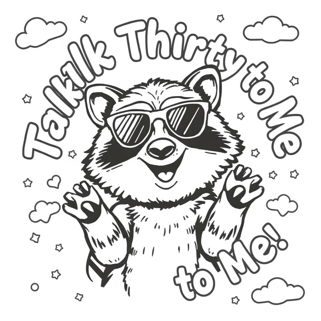 A black and white coloring page featuring a charismatic raccoon wearing stylish sunglasses