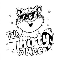 A black and white coloring page featuring a quirky raccoon wearing stylish sunglasses, striking a playful pose