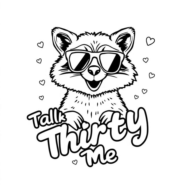 A black and white coloring page featuring a quirky raccoon wearing stylish sunglasses, striking a playful pose