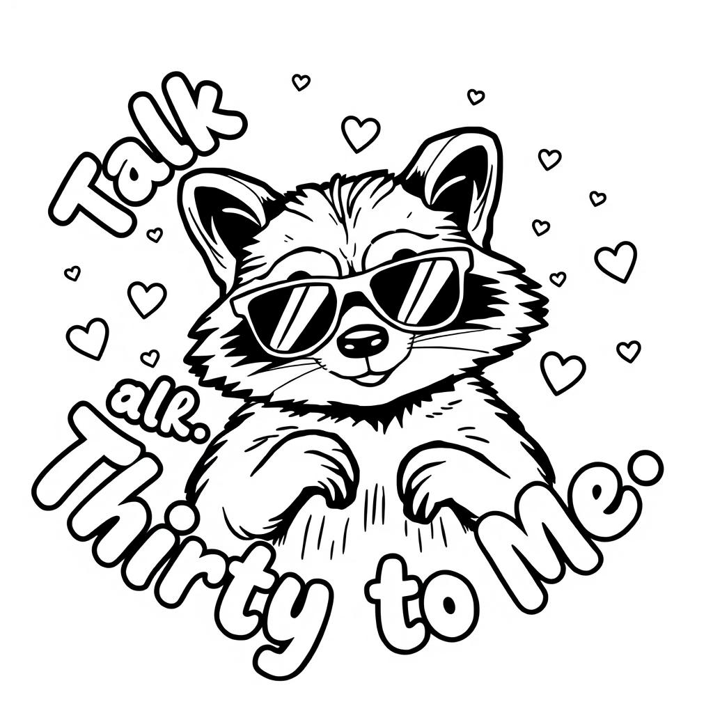 A black and white coloring page featuring a quirky raccoon wearing stylish sunglasses, striking a playful pose
