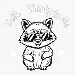 A black and white coloring page featuring a cheeky raccoon wearing trendy sunglasses, grinning mischievously