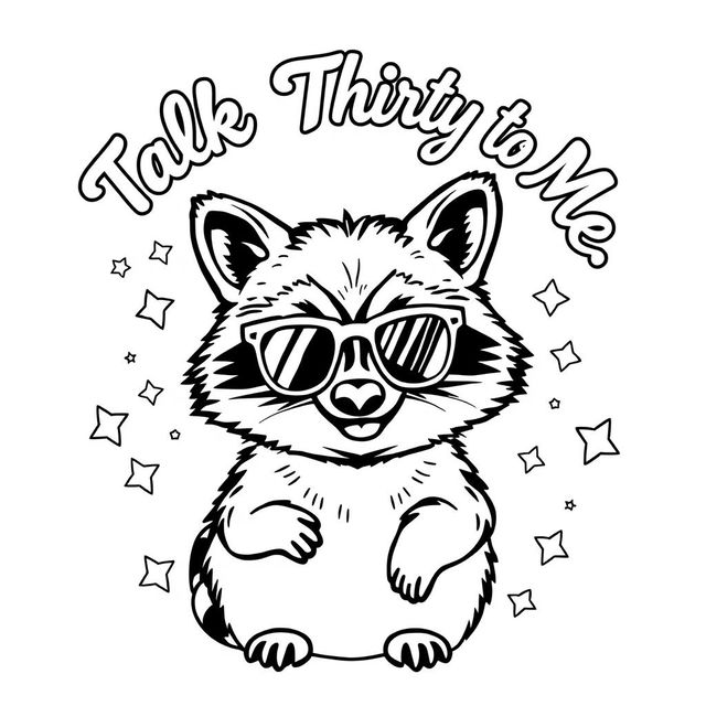 A black and white coloring page featuring a cheeky raccoon wearing trendy sunglasses, grinning mischievously