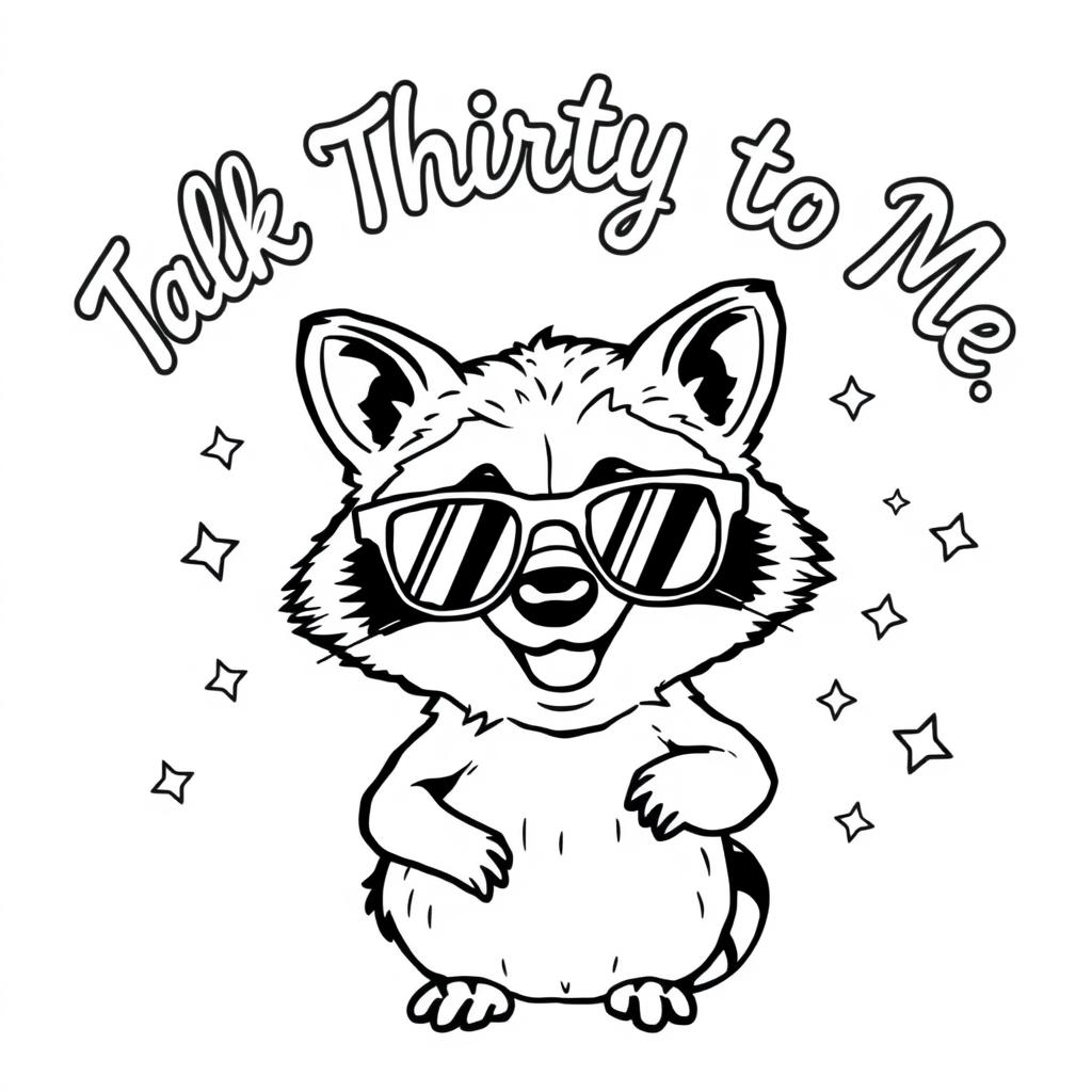 A black and white coloring page featuring a cheeky raccoon wearing trendy sunglasses, grinning mischievously