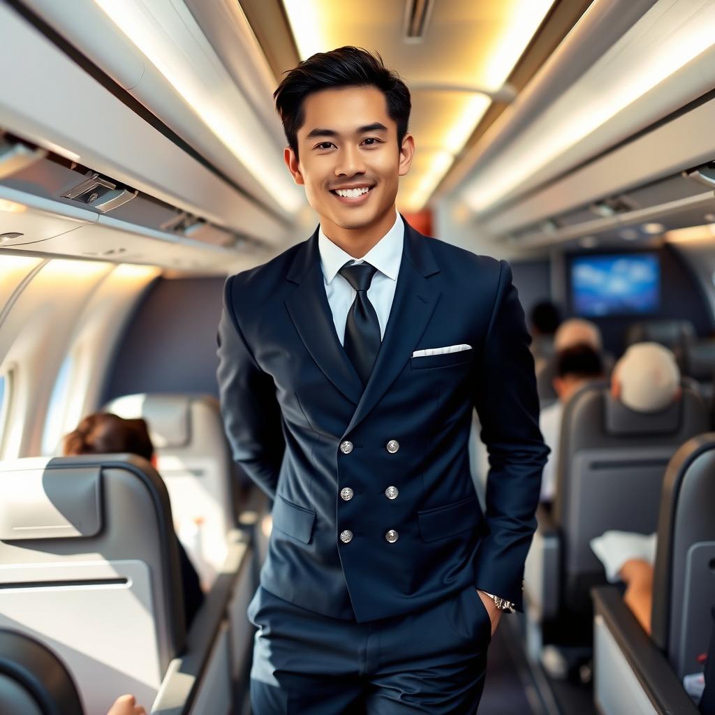 A male flight attendant in a stylish uniform standing in the aisle of a modern airplane, smiling warmly at passengers