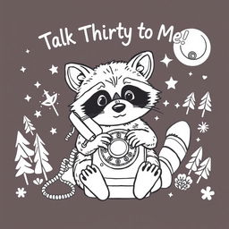 A black and white coloring page illustration of a raccoon sitting and talking on an old-fashioned rotary phone
