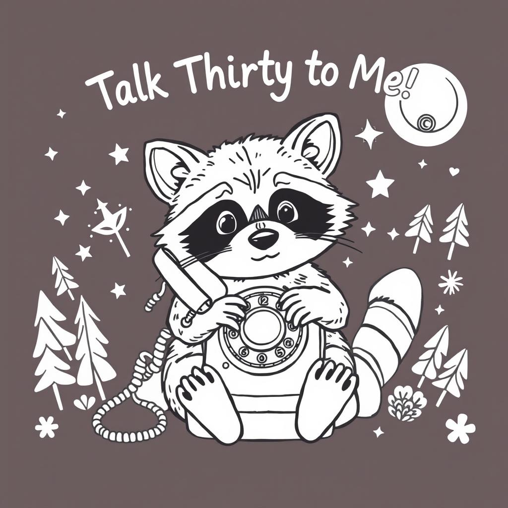 A black and white coloring page illustration of a raccoon sitting and talking on an old-fashioned rotary phone