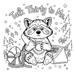 A black and white coloring page illustration of a raccoon sitting and talking on an old-fashioned rotary phone