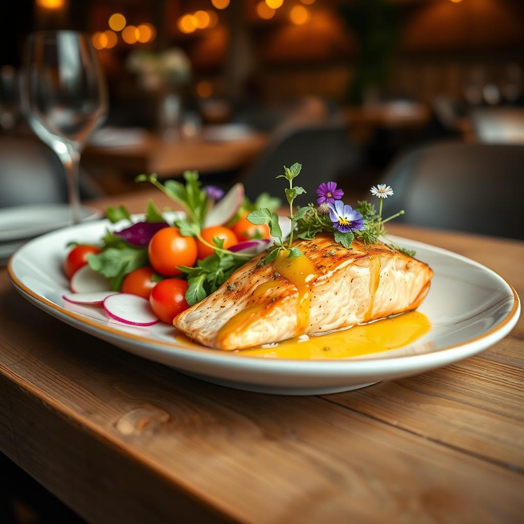 A beautifully arranged gourmet plate featuring an artful combination of fresh ingredients including vibrant vegetables like cherry tomatoes, arugula, and radishes, alongside a perfectly seared salmon fillet drizzled with lemon herb sauce, garnished with microgreens and edible flowers