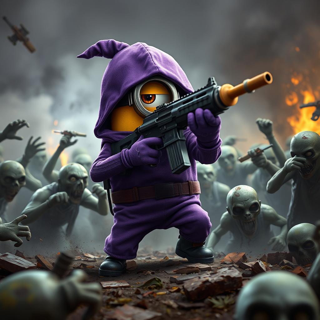 A purple-clad Minion wielding a machine gun, actively engaged in a battle against hordes of zombies