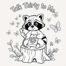 A black and white coloring page featuring a charming raccoon sitting on a tree stump and talking on an old-fashioned rotary phone