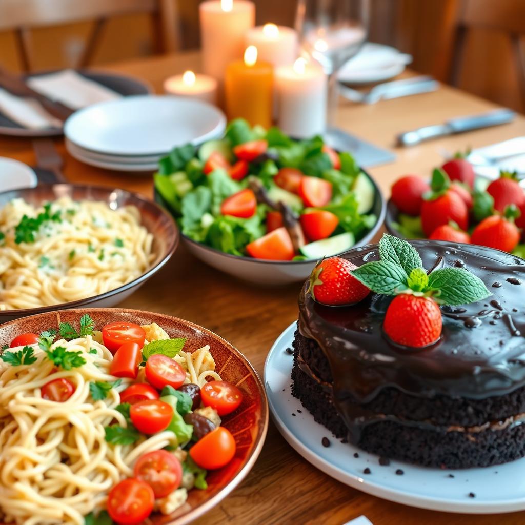 A vibrant and colorful food spread featuring a variety of dishes including a rich, creamy pasta alfredo garnished with parsley, a fresh garden salad with mixed greens, vibrant cherry tomatoes, and sliced cucumbers, and a decadent chocolate cake adorned with fresh strawberries and mint leaves